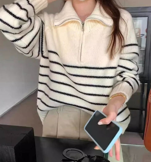 Heavy Knitted Collar Zip Stripes Pullover